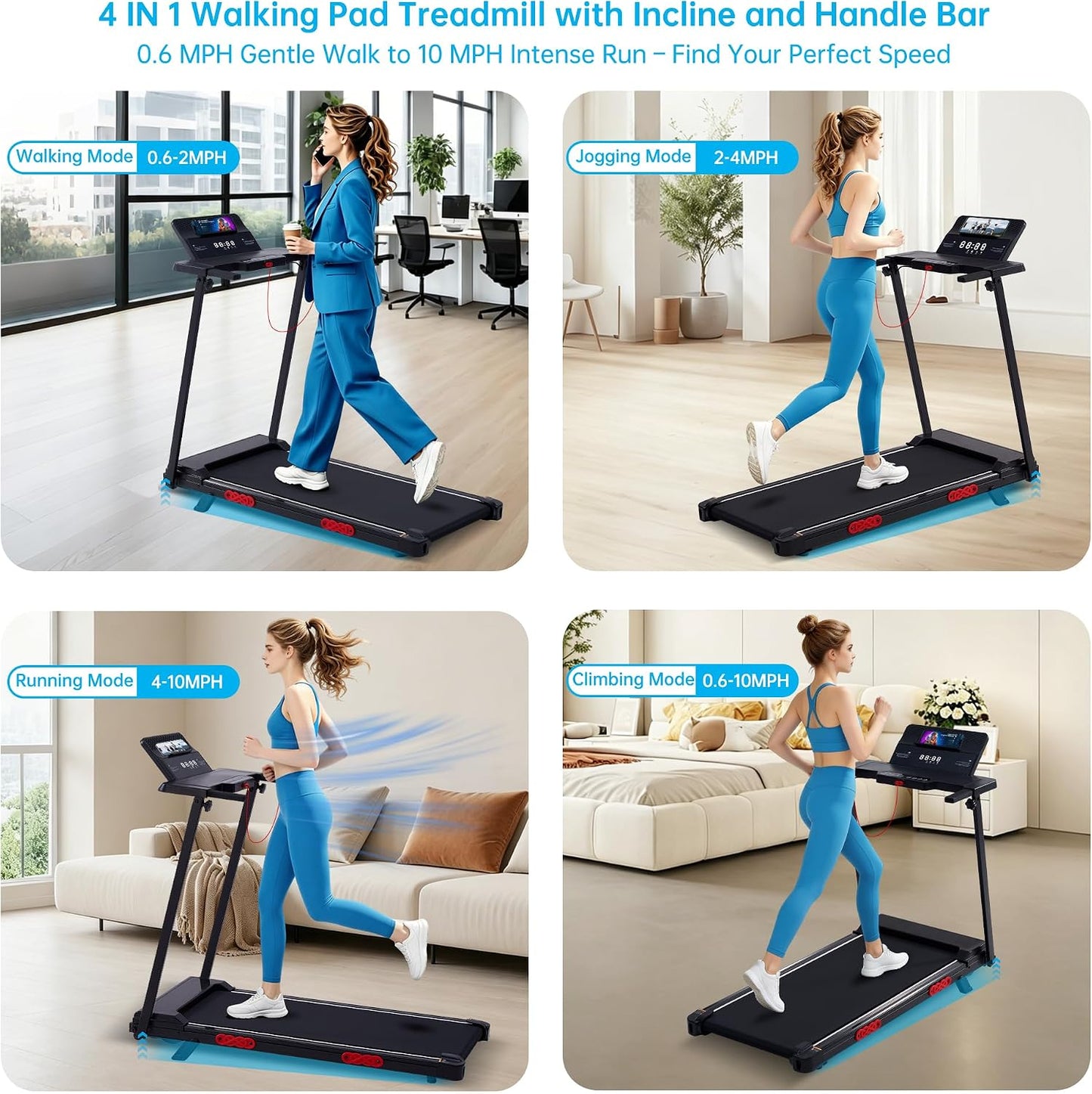 3.5HP Incline Foldable Handle Bar Walking Pad Treadmill