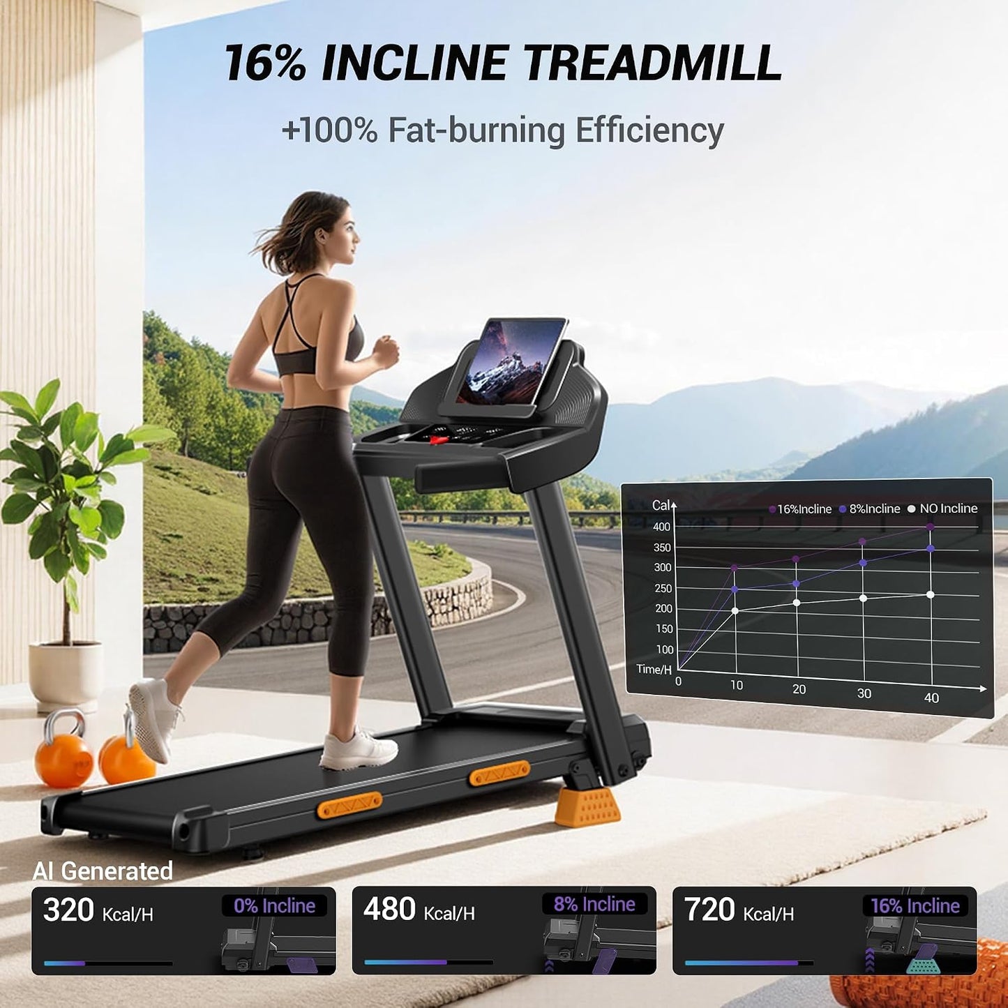 16% Incline Foldable 3 LED Walking Pad Treadmill